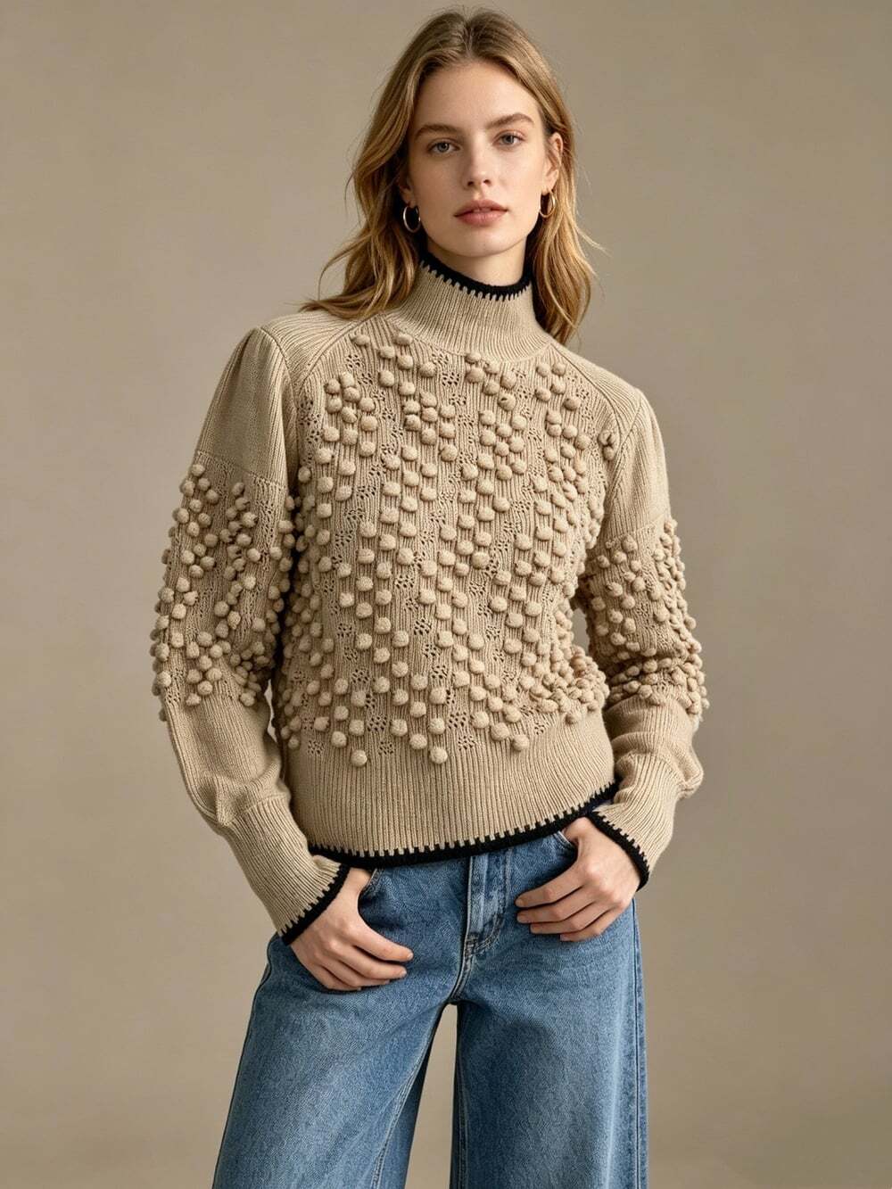 NWOT BCBGMAXAZRIA Popcorn Stitch Mock Neck Wool Blend Sweater Oatmeal Size XL